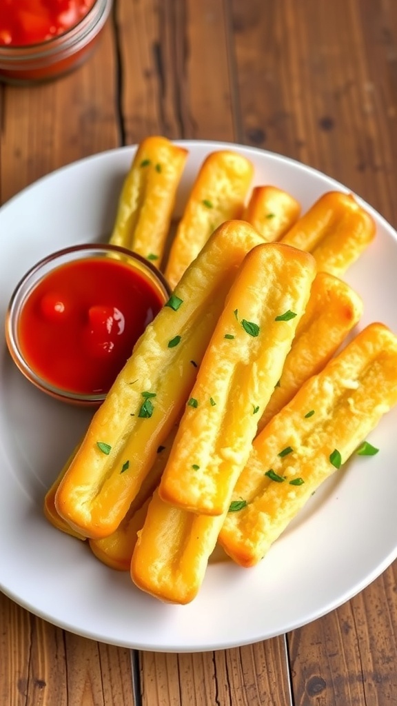 Freshly baked garlic butter breadsticks on a plate with parsley and marinara sauce.